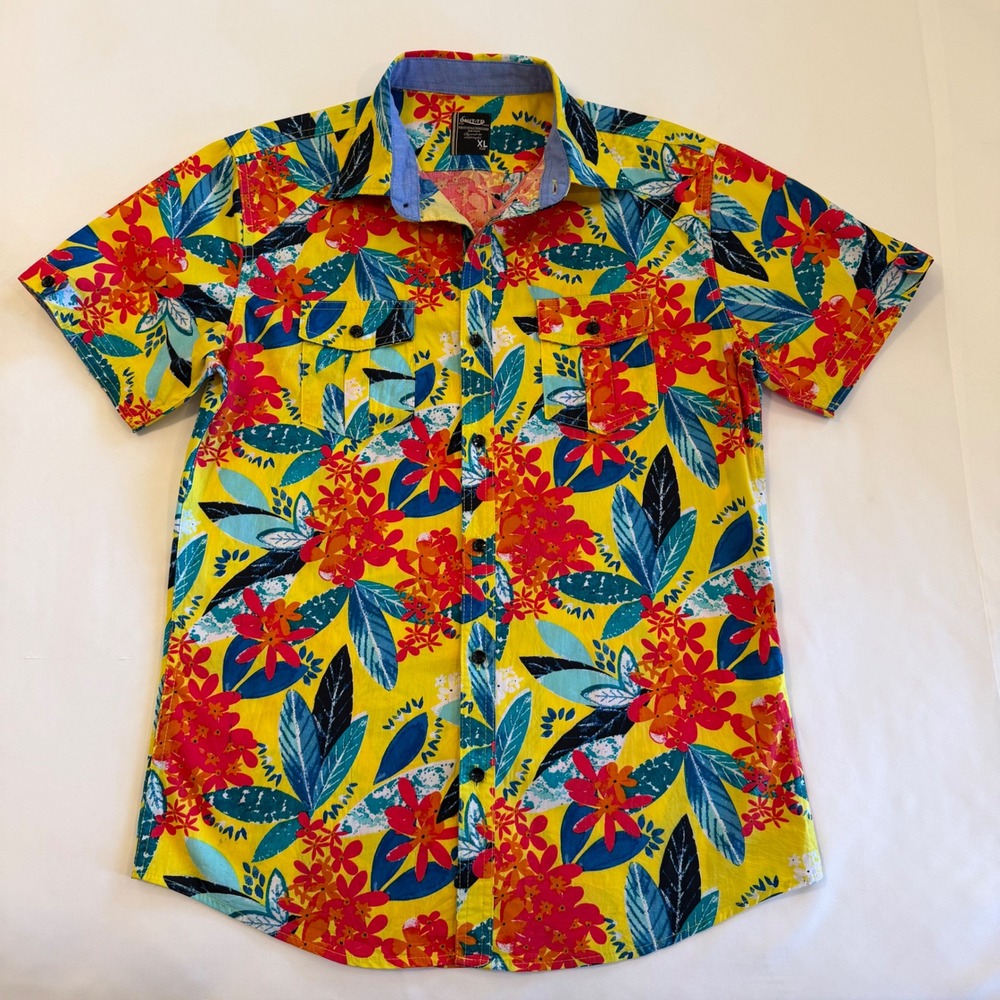 Tropical Floral Shirt UNIT-TD Sz XL Short Sleeve Yellow Cotton Resortwear Island